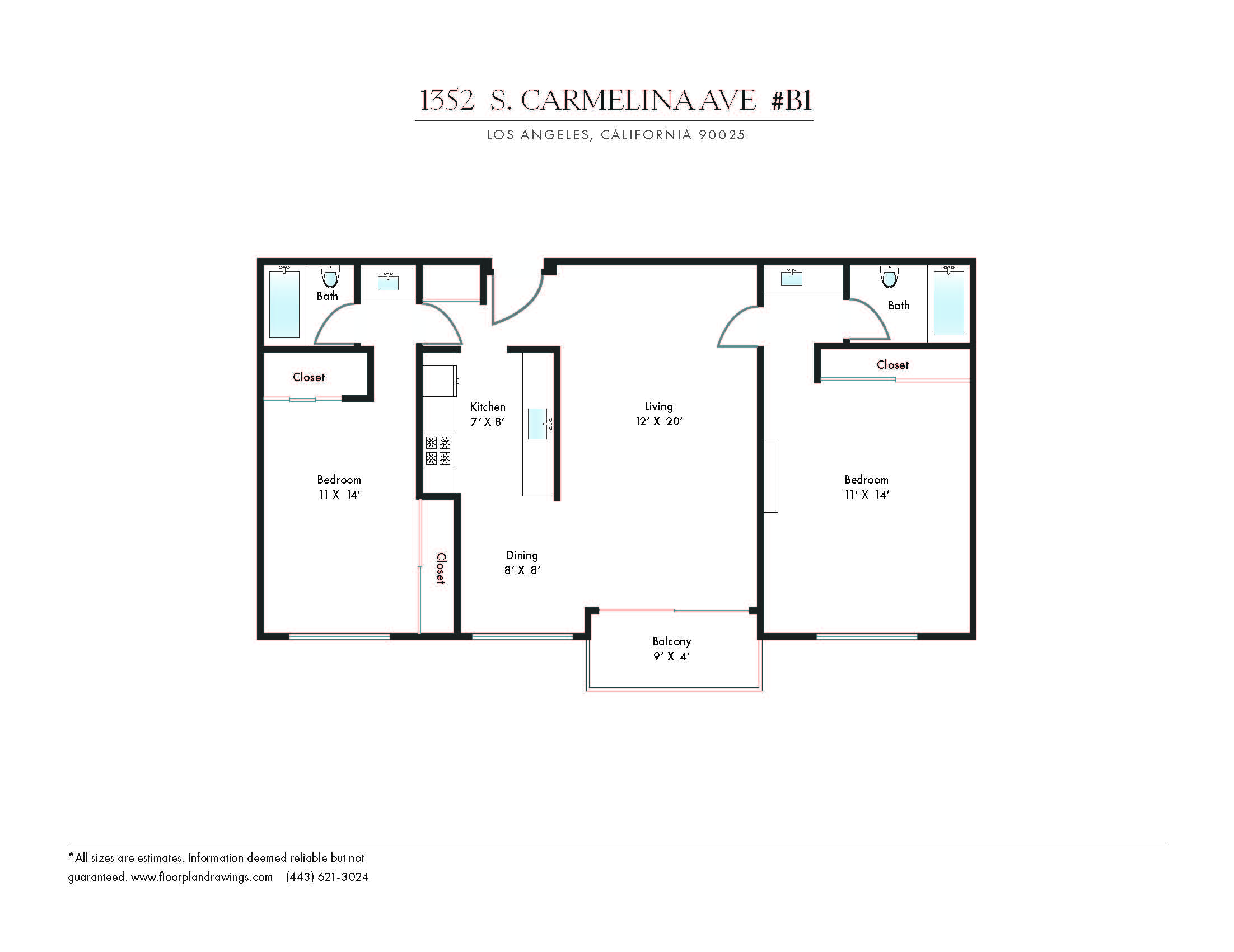Floor plan for 2 beds, 2 baths, 1100 sqft
