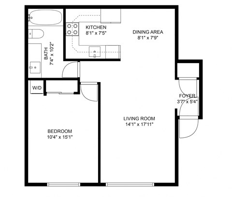 Floor plan for 1 bed, 1 bath, 725 sqft
