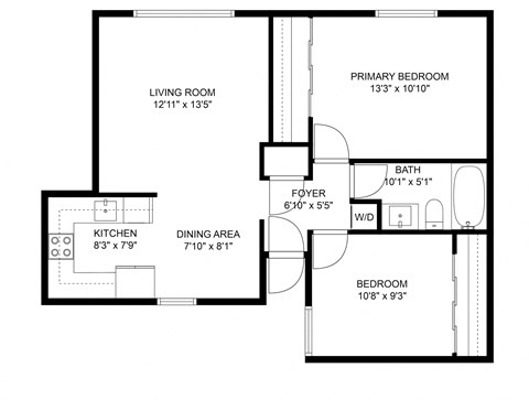 Floor plan for 2 beds, 1 bath, 900 sqft
