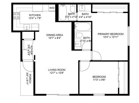 Floor plan for 2 beds, 2 baths, 925 sqft