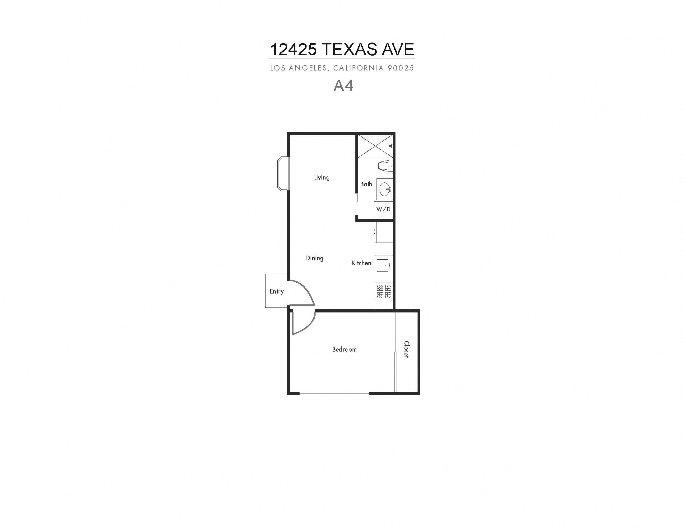 Floor plan for 1 bed, 1 bath, 460 sqft
