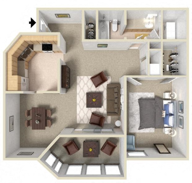 Floor plan for 1 bed, 1 bath, 872 sqft