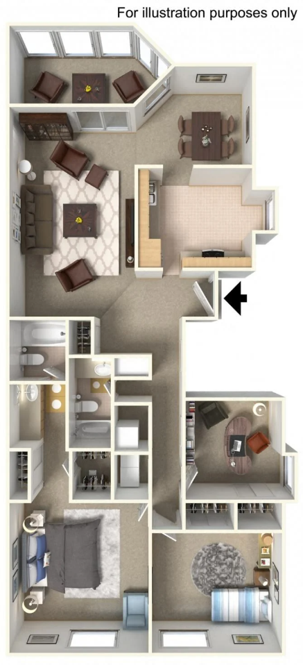 Floor plan for 3 beds, 2 baths, 1407 sqft
