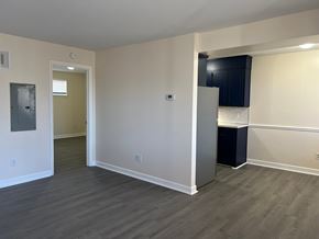 Roanoke apartment for rent - an empty living room and kitchen with a refrigerator and black cabinets