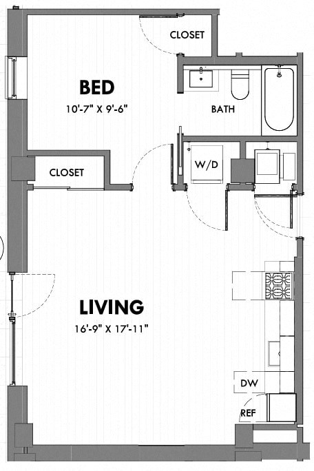 Floor plan for 1 bed, 1 bath, 696 sqft