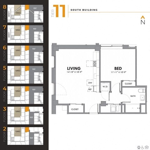 Floor plan for 1 bed, 1 bath, 687 sqft