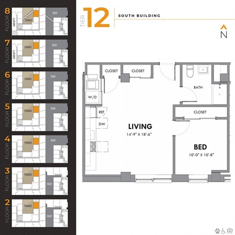 Floor plan for 1 bed, 1 bath, 634 sqft