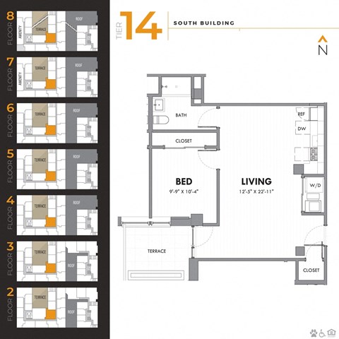 Floor plan for 1 bed, 1 bath, 648 sqft
