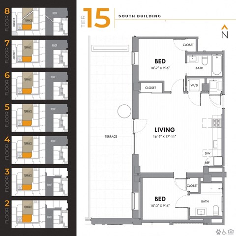 Floor plan for 2 beds, 2 baths, 1070 sqft
