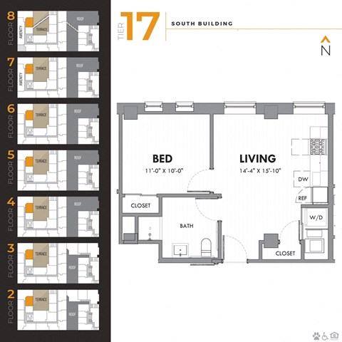 Floor plan for 1 bed, 1 bath, 516 sqft