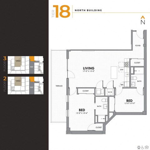 Floor plan for 2 beds, 2 baths, 1040 sqft