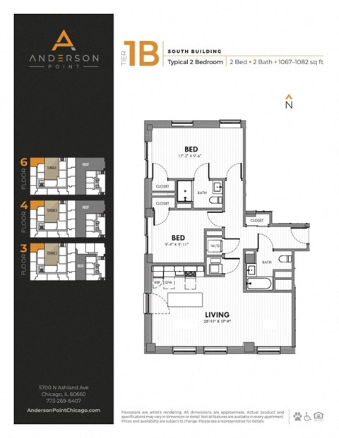 Floor plan for 2 beds, 2 baths, 1070 sqft