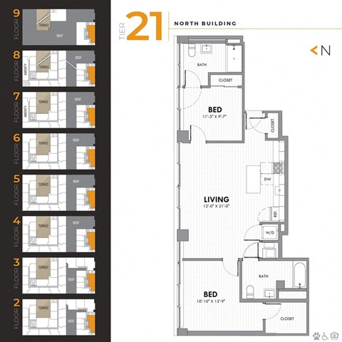 Floor plan for 2 beds, 2 baths, 968 sqft