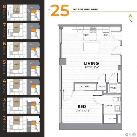 Floor plan for 1 bed, 1 bath, 723 sqft