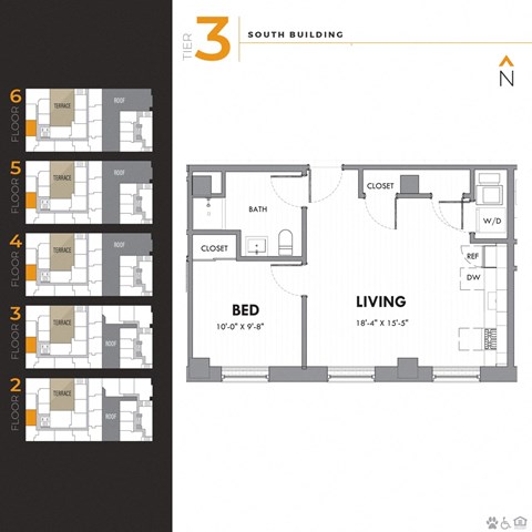 Floor plan for 1 bed, 1 bath, 576 sqft