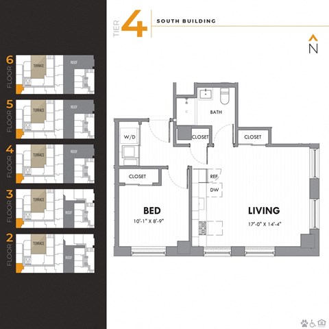 Floor plan for 1 bed, 1 bath, 582 sqft