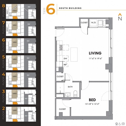 Floor plan for 1 bed, 1 bath, 736 sqft