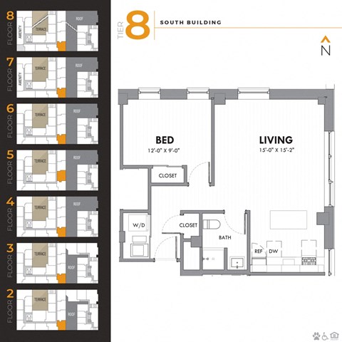 Floor plan for 1 bed, 1 bath, 632 sqft