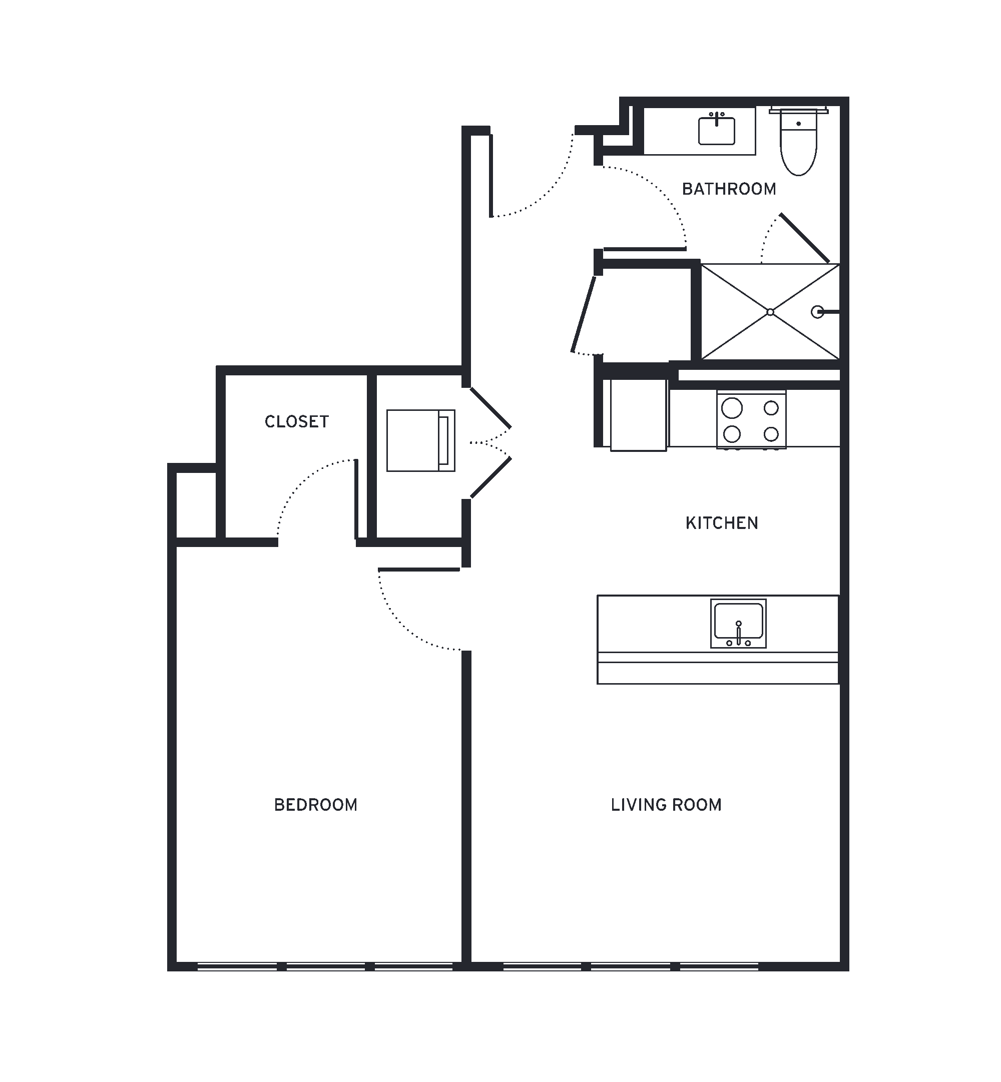 Floor plan for 1 bed, 1 bath, 669 sqft