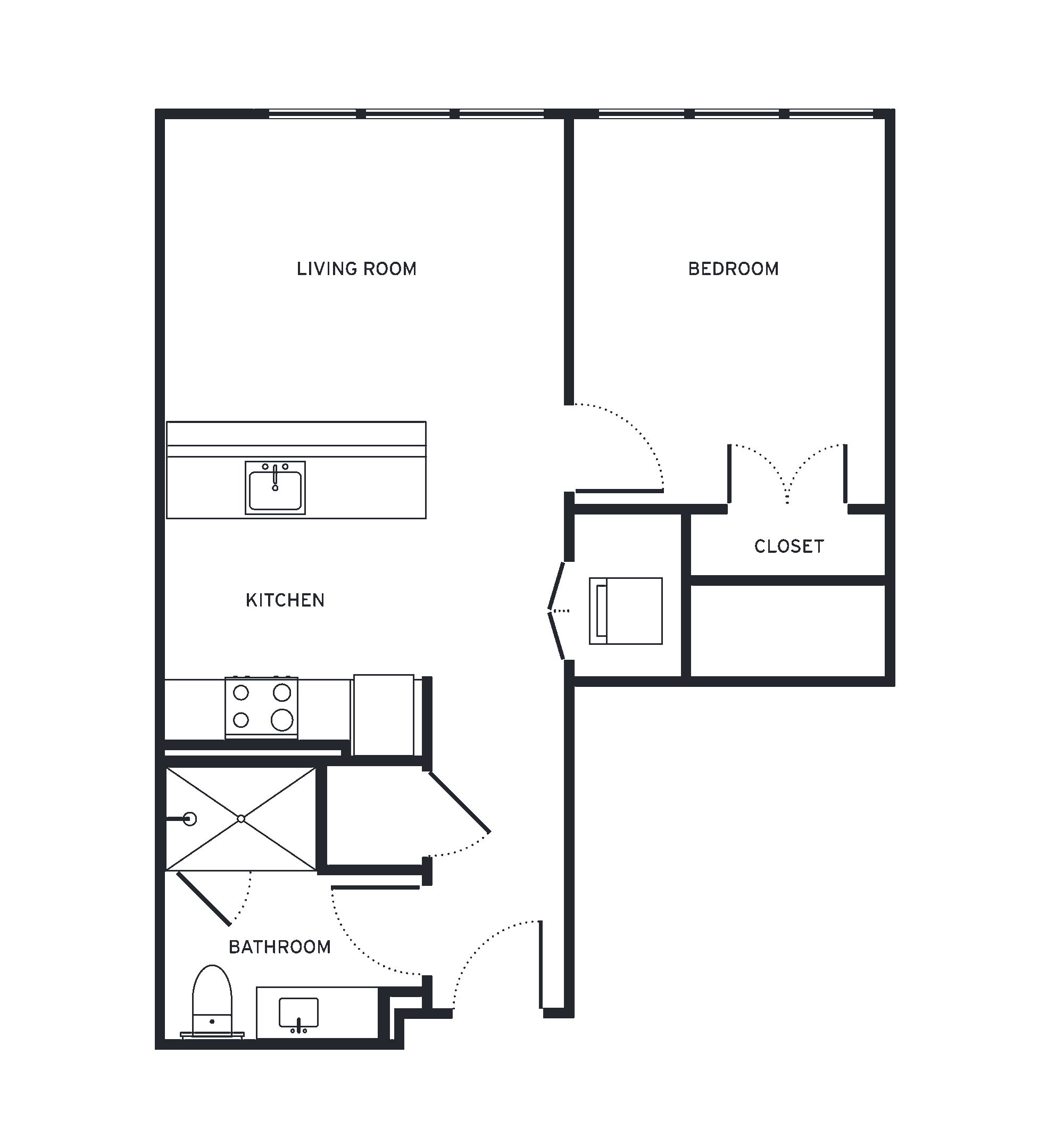 Floor plan for 1 bed, 1 bath, 626 sqft