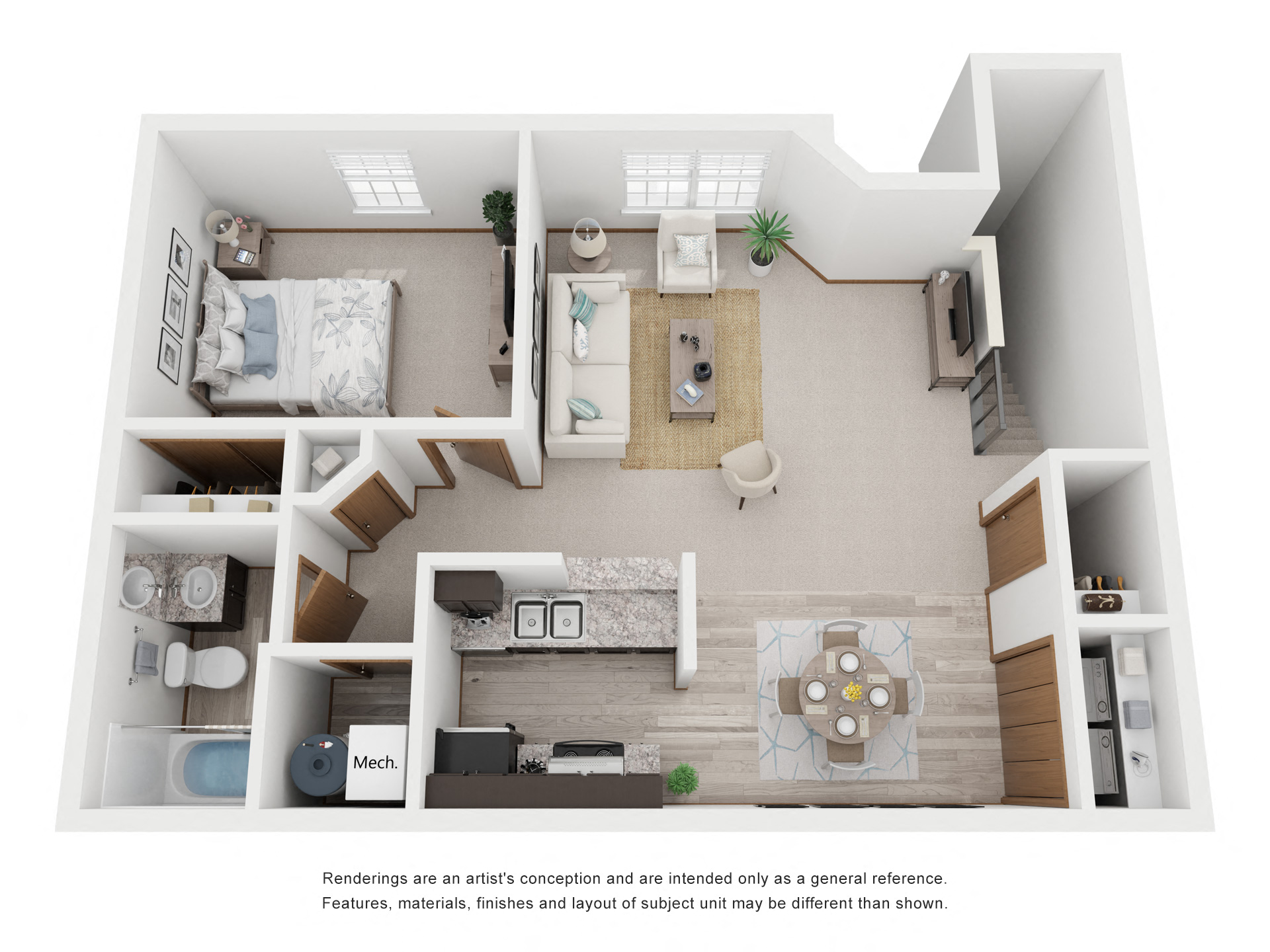 Floor plan for 1 bed, 1 bath, 750 sqft