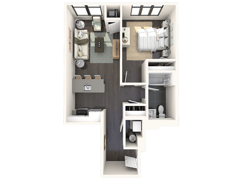 Floor plan for 1 bed, 1 bath, 658 sqft