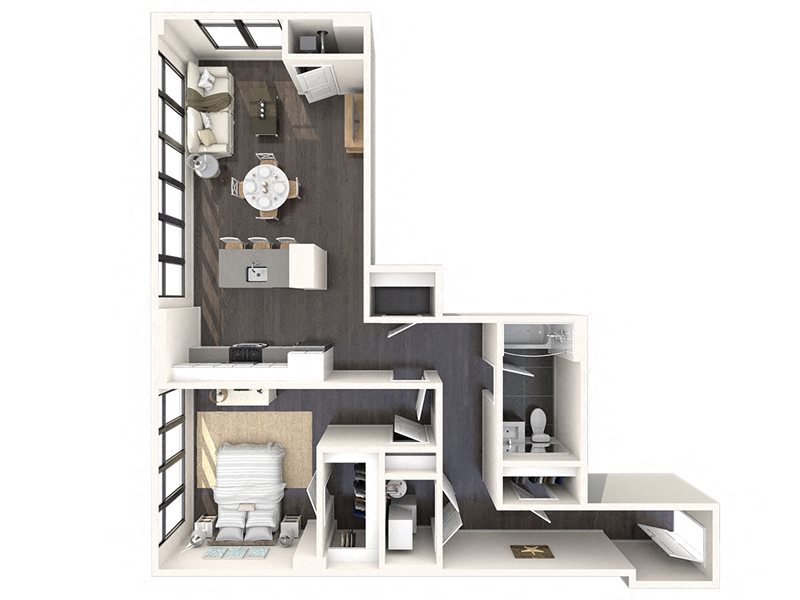 Floor plan for 1 bed, 1 bath, 956 sqft