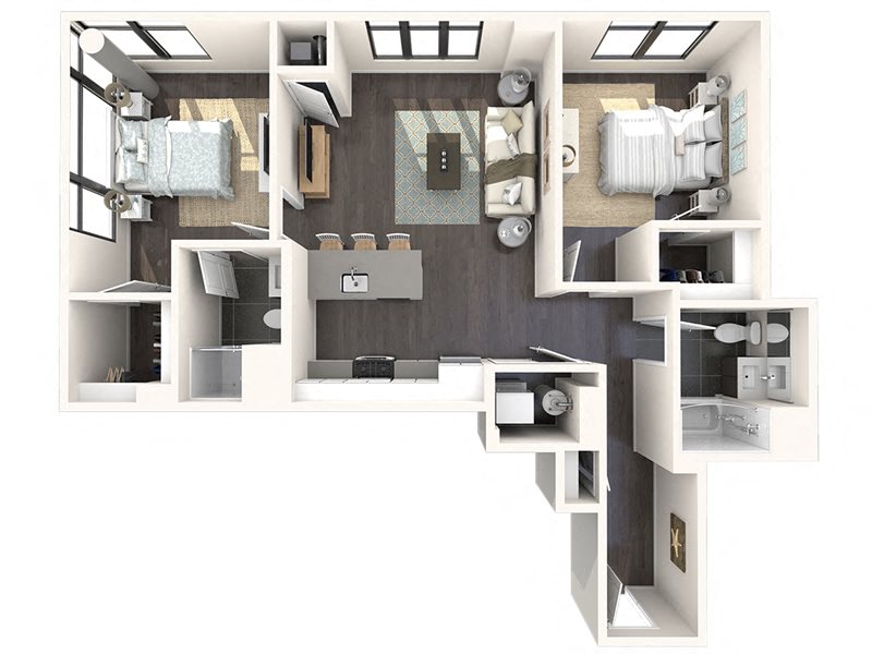 Floor plan for 2 beds, 2 baths, 1030 sqft