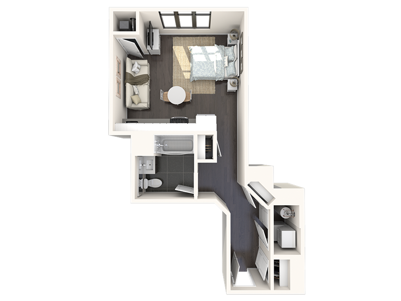 Floor plan for studio, 1 bath, 491 sqft