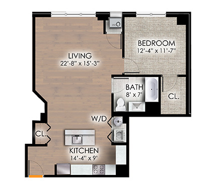 Floor plan for 1 bed, 1 bath, 876 sqft