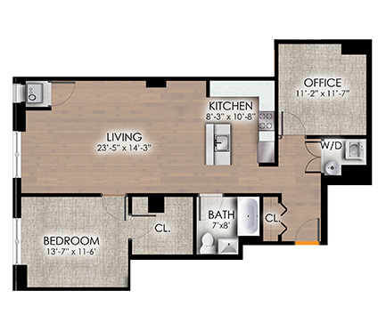 Floor plan for 1 bed, 1 bath, 1052 sqft