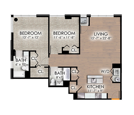 Floor plan for 2 beds, 2 baths, 1243 sqft