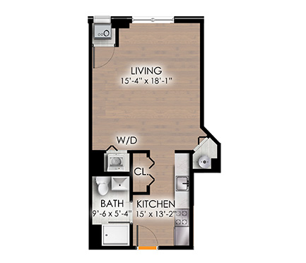 Floor plan for studio, 1 bath, 513 sqft