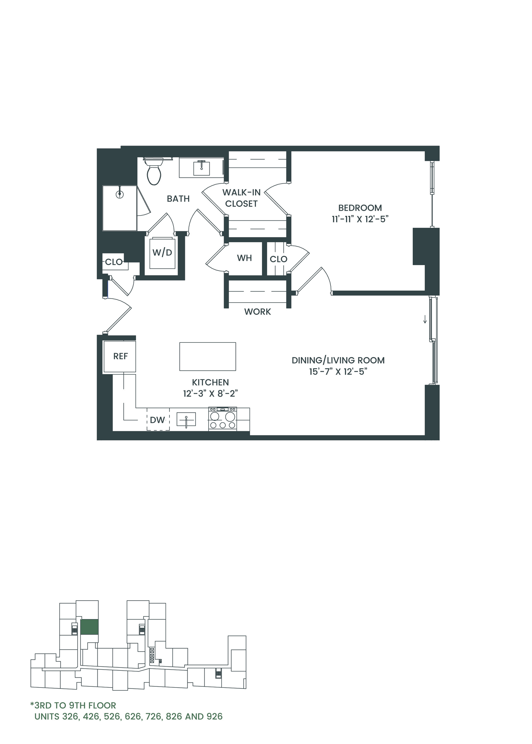 Floor plan for 1 bed, 1 bath, 783 sqft