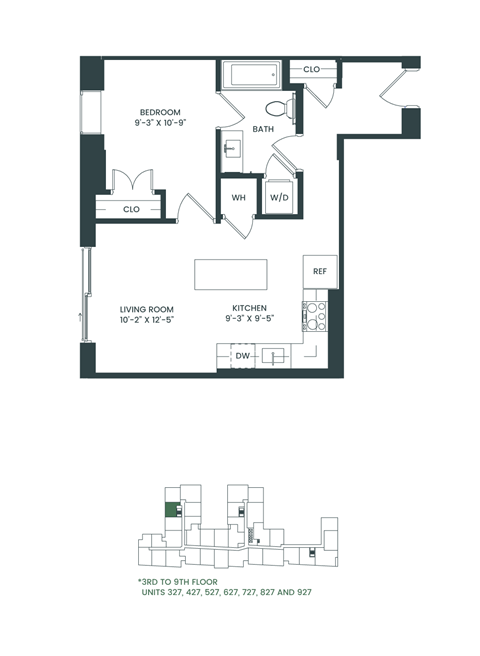 Floor plan for 1 bed, 1 bath, 635 sqft
