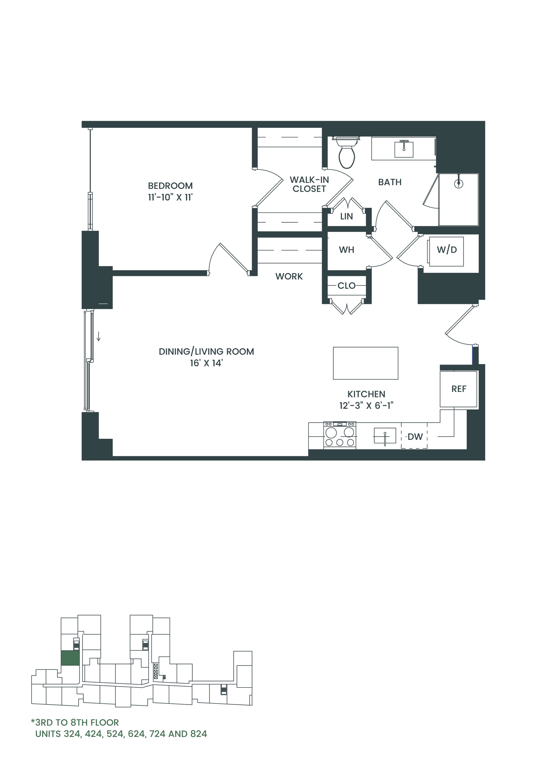 Floor plan for 1 bed, 1 bath, 799 sqft