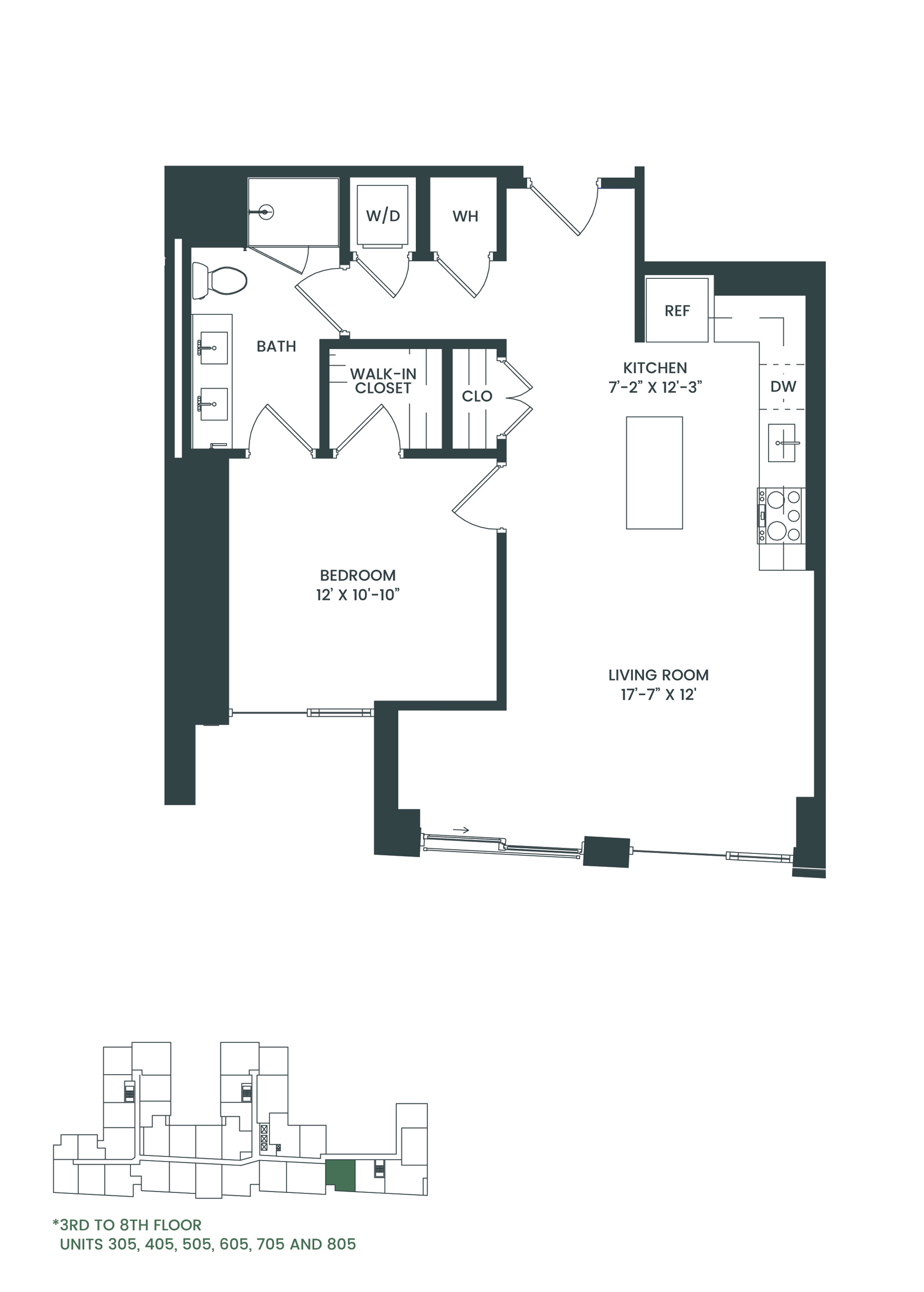 Floor plan for 1 bed, 1 bath, 802 sqft