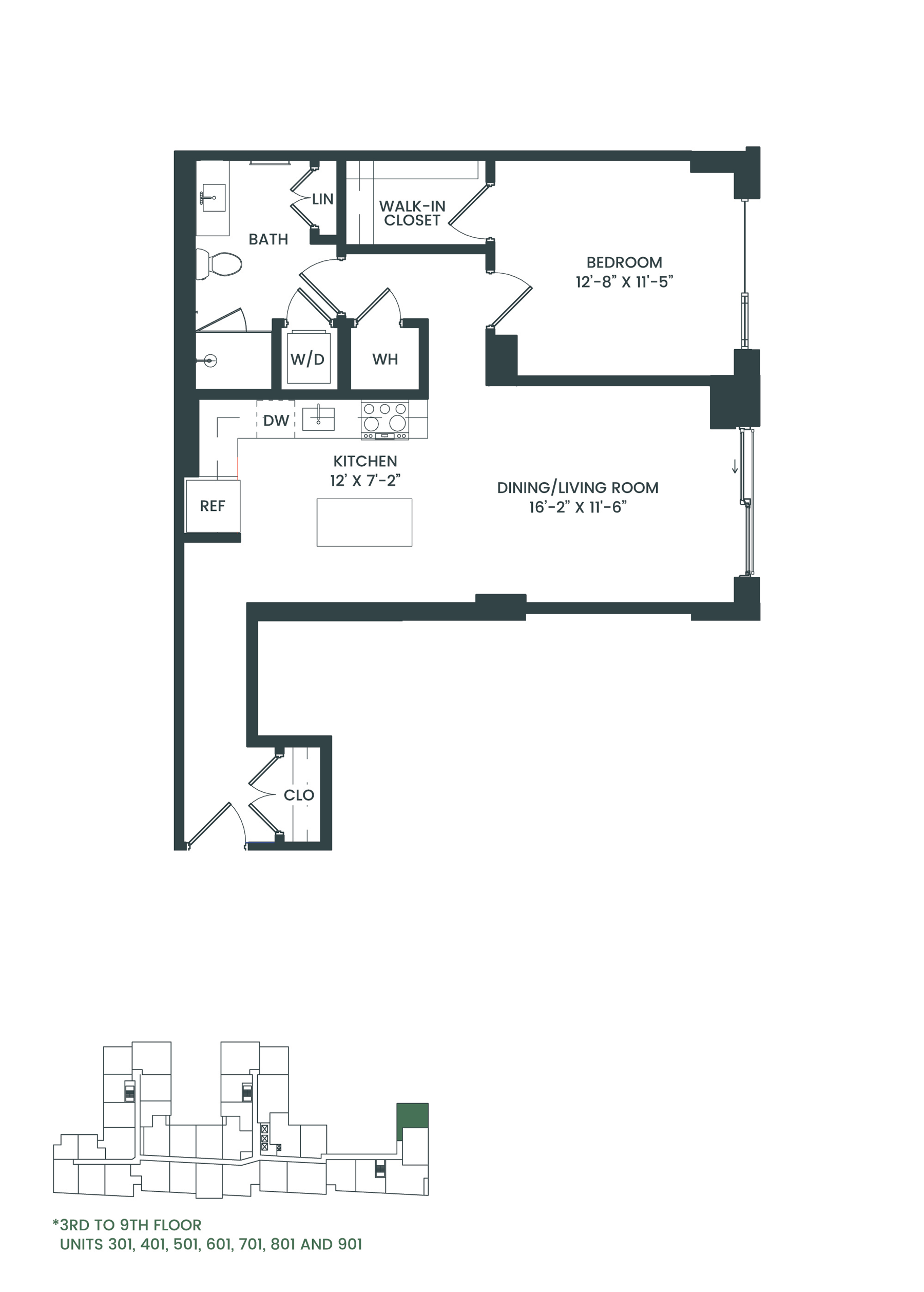 Floor plan for 1 bed, 1 bath, 806 sqft