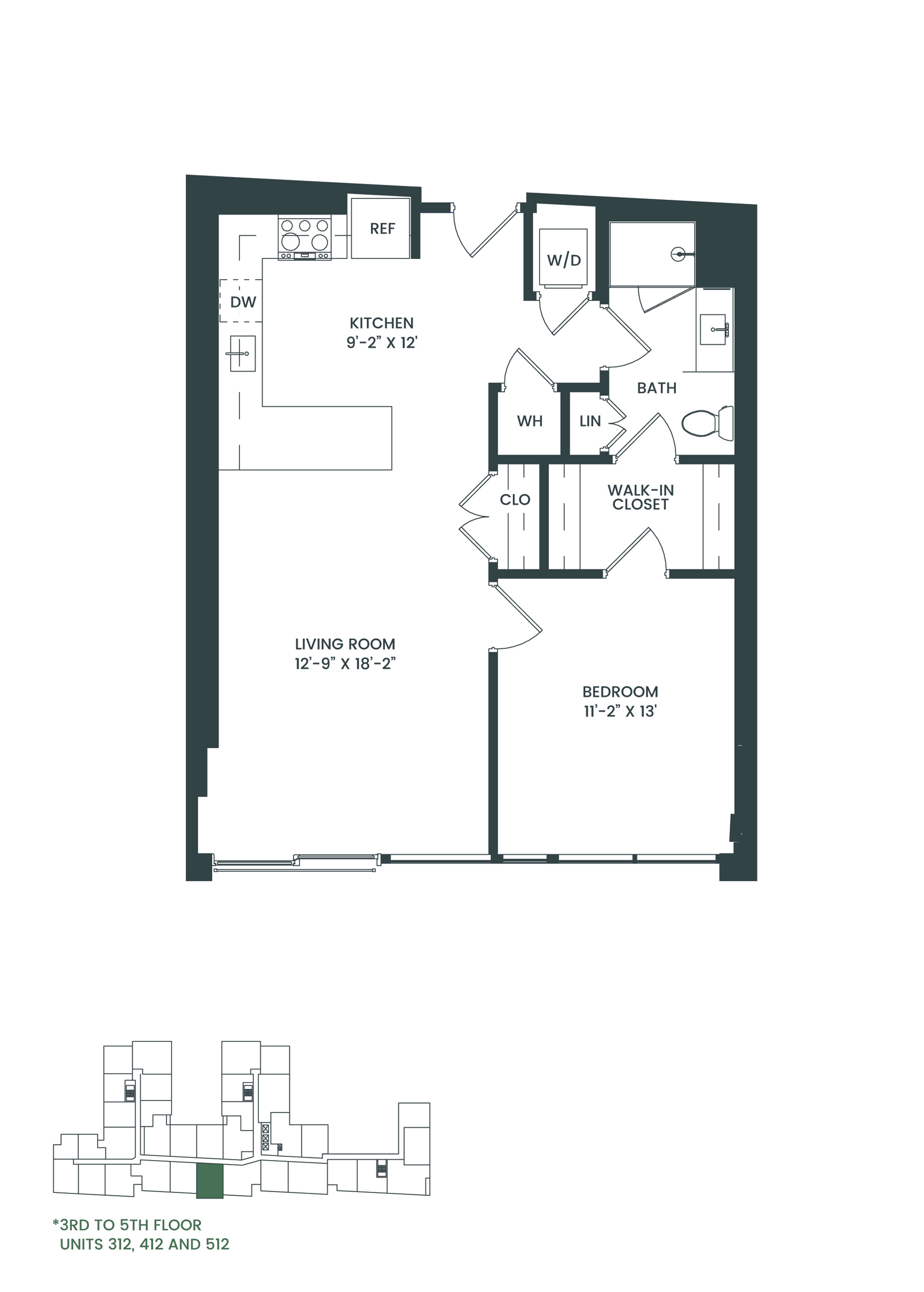 Floor plan for 1 bed, 1 bath, 830 sqft