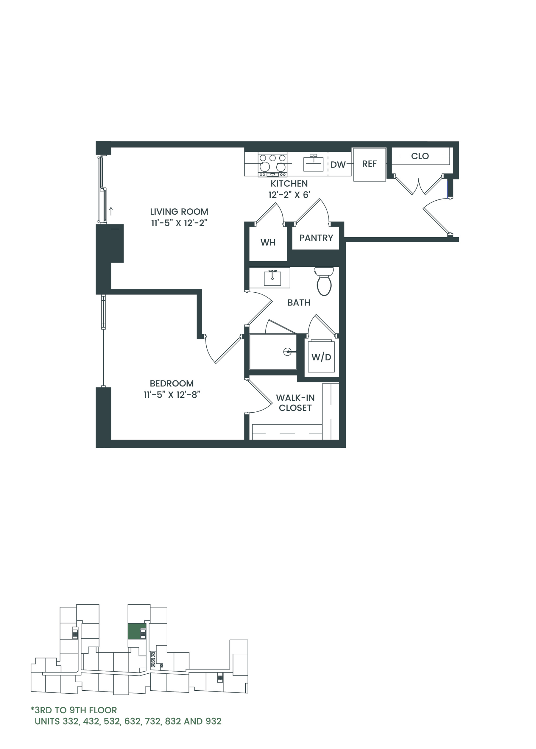 Floor plan for 1 bed, 1 bath, 643 sqft