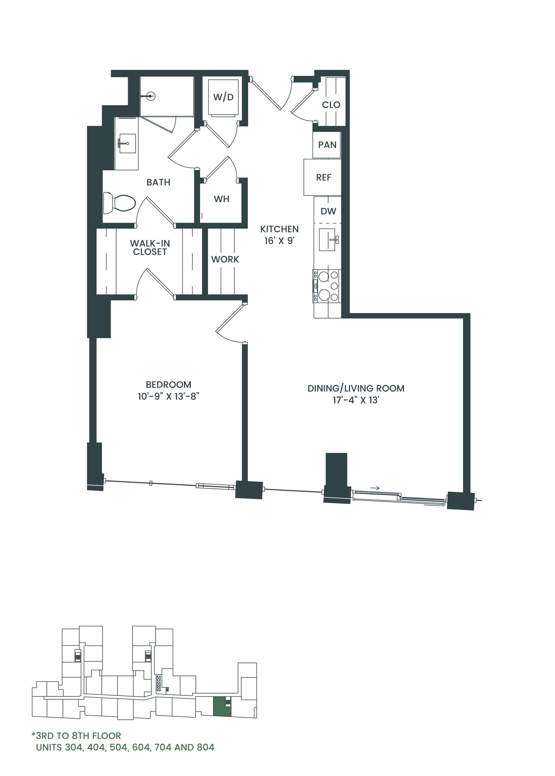 Floor plan for 1 bed, 1 bath, 758 sqft