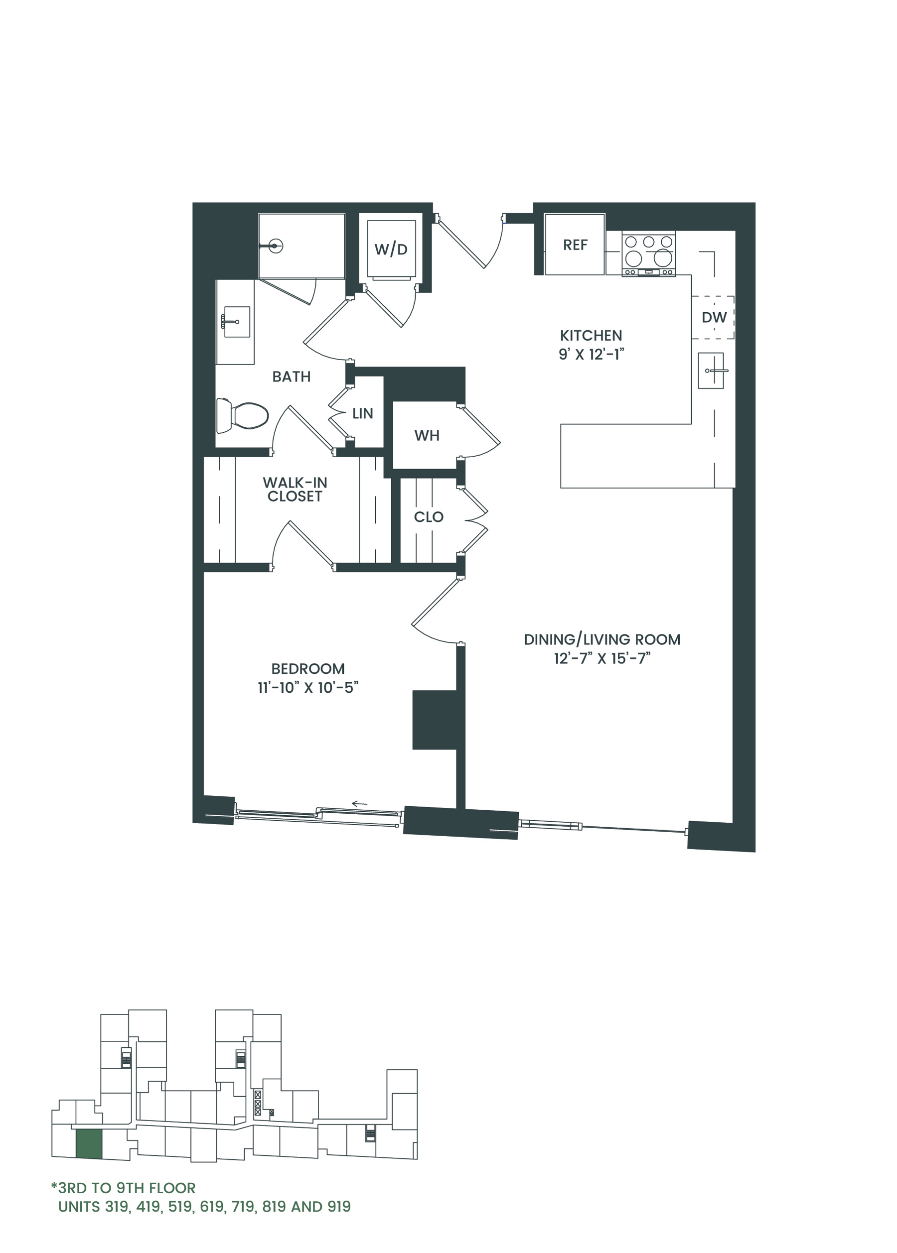Floor plan for 1 bed, 1 bath, 763 sqft