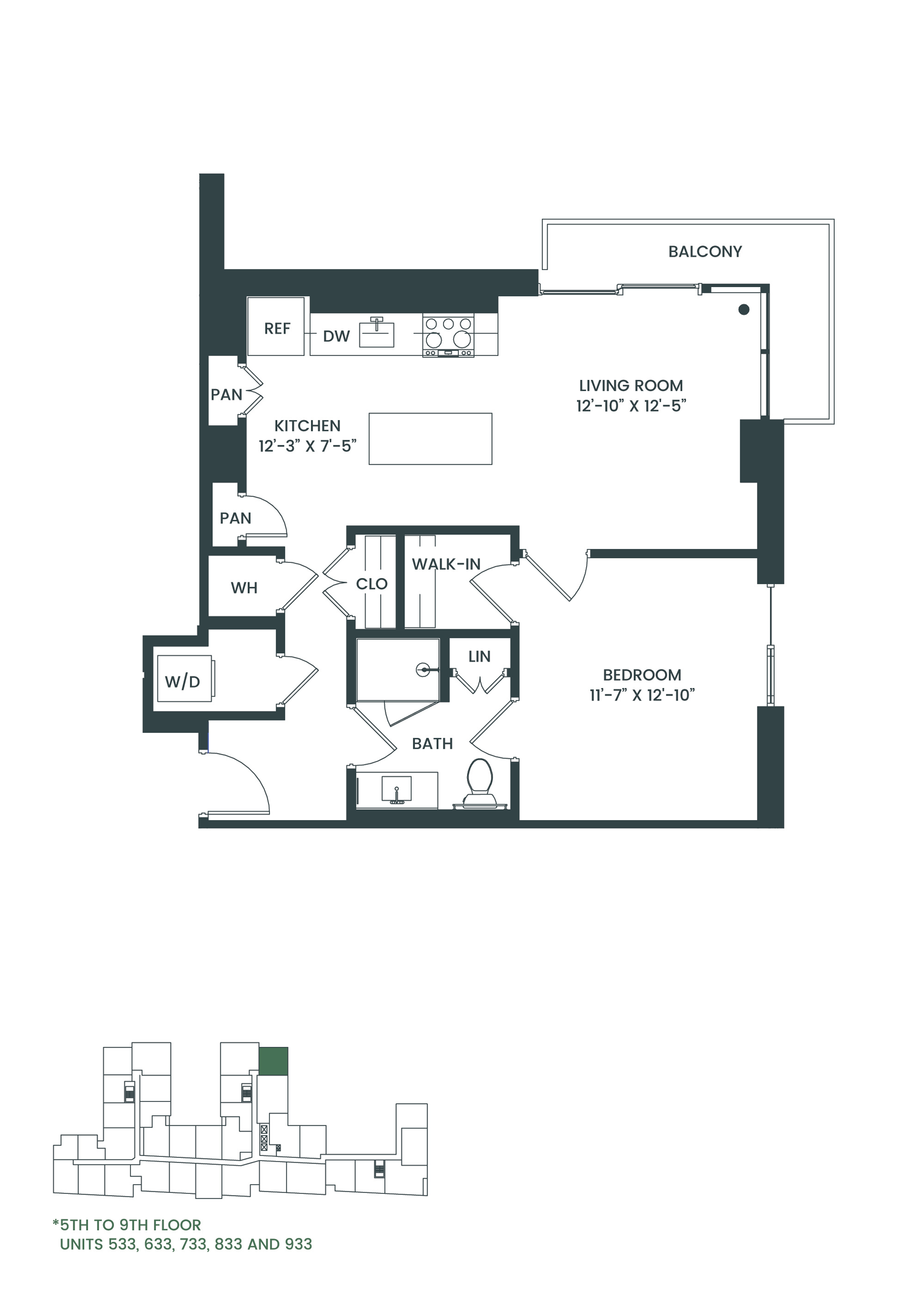 Floor plan for 1 bed, 1 bath, 769 sqft