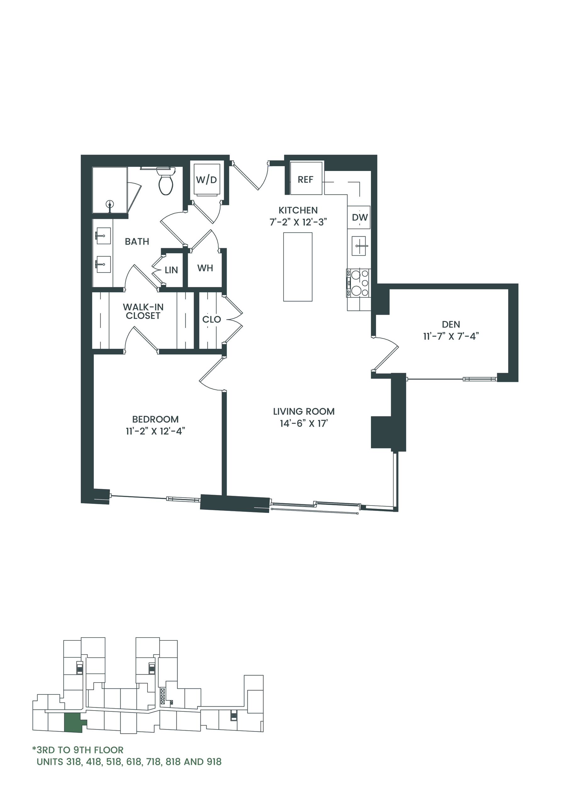 Floor plan for 1 bed, 1 bath, 904 sqft