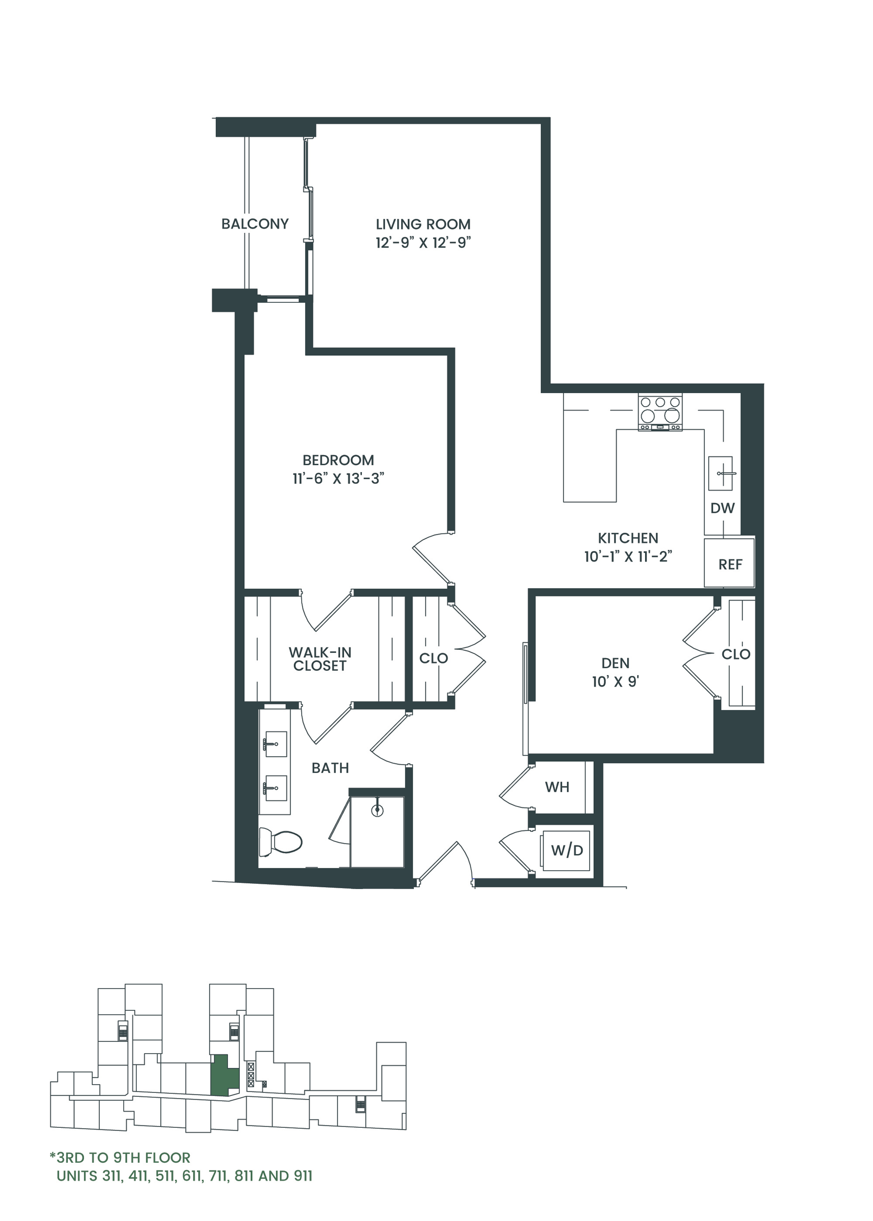 Floor plan for 1 bed, 1 bath, 1012 sqft