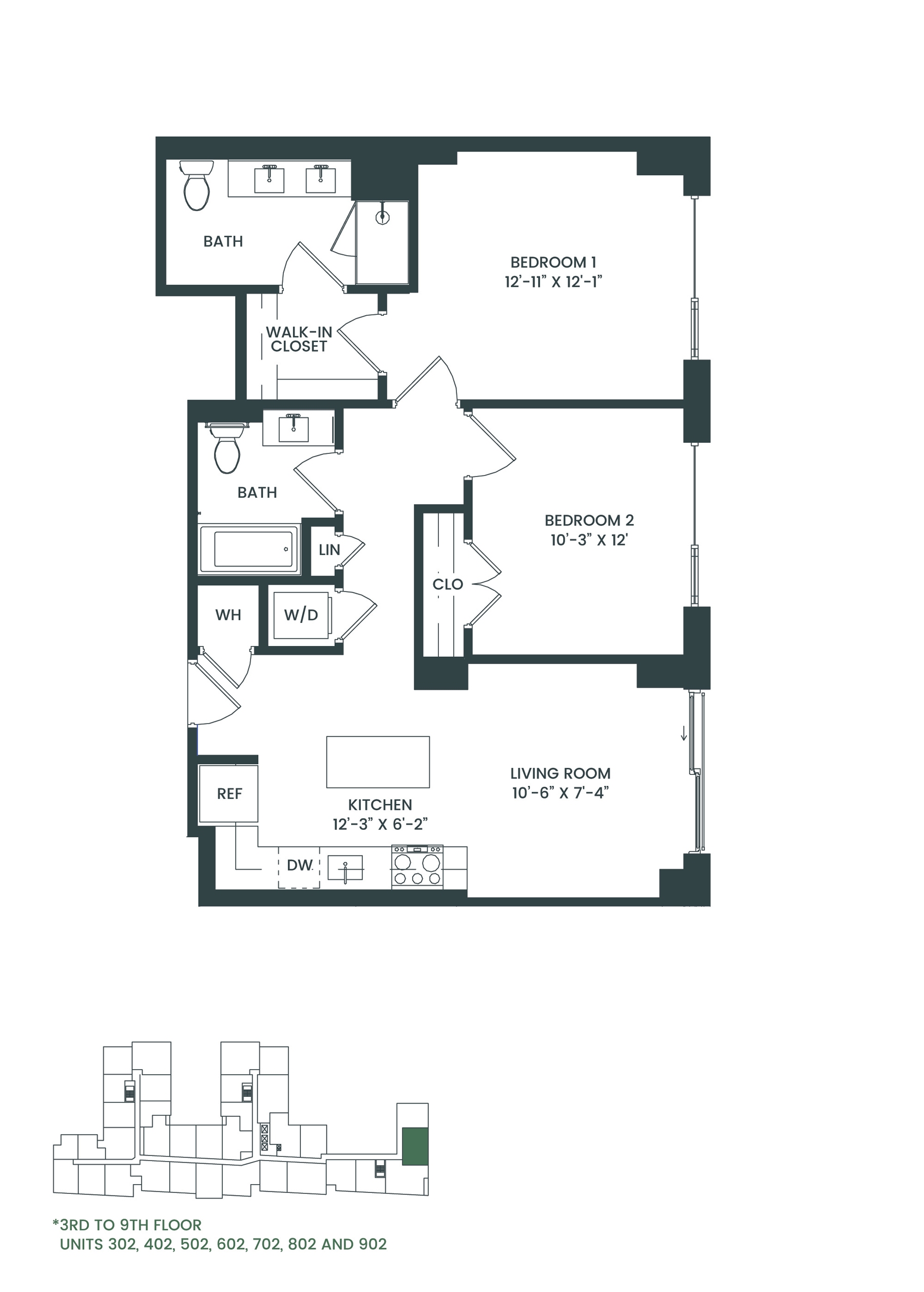 Floor plan for 2 beds, 2 baths, 913 sqft