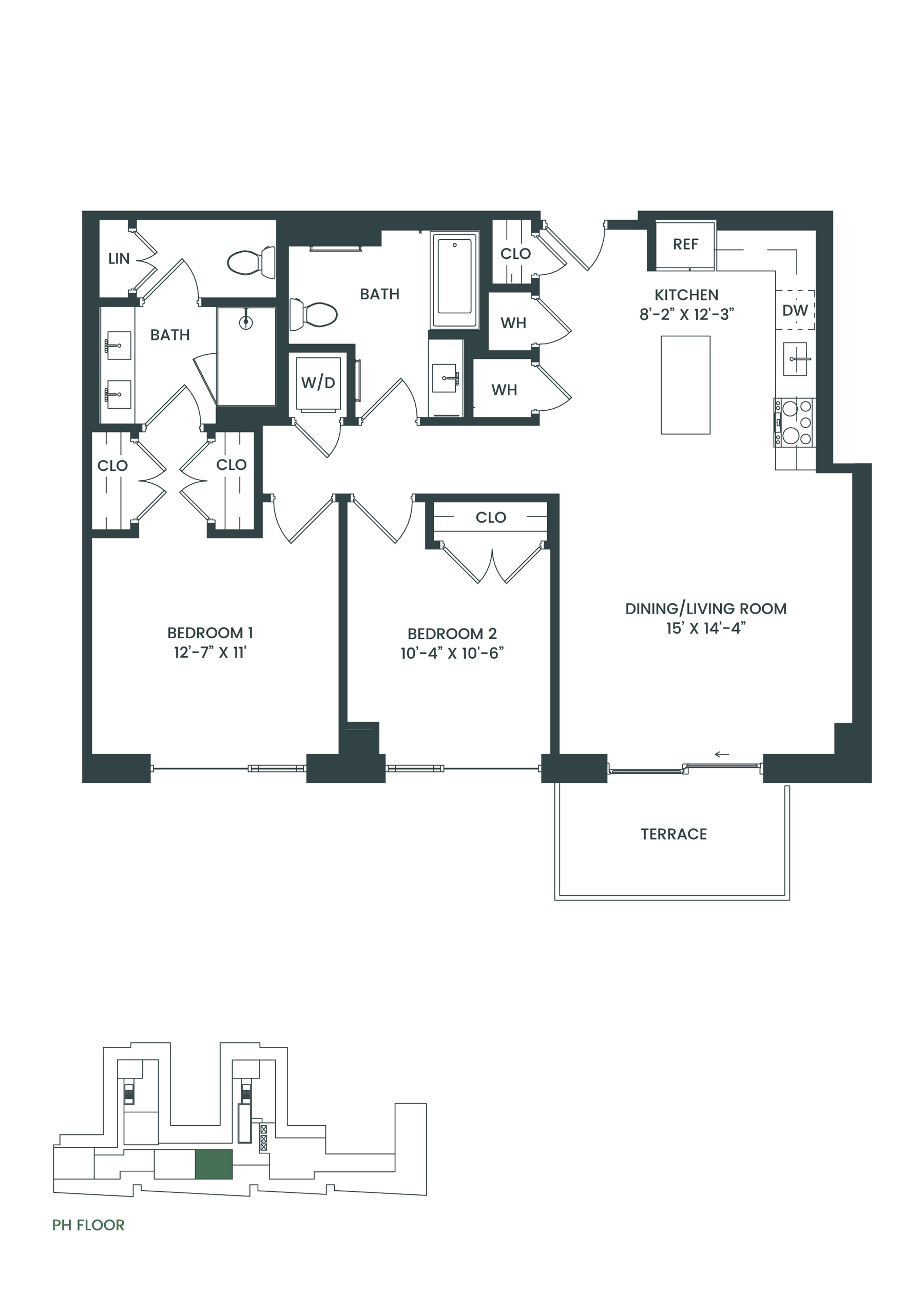 Floor plan for 2 beds, 2 baths, 1136 sqft