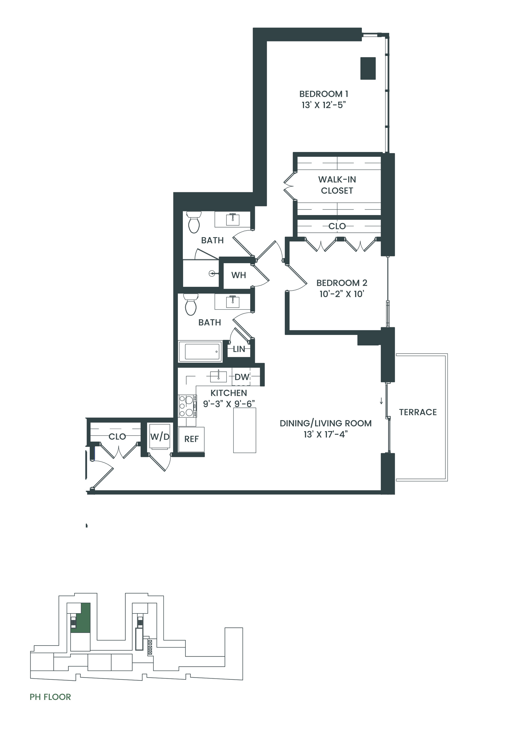 Floor plan for 2 beds, 2 baths, 1169 sqft