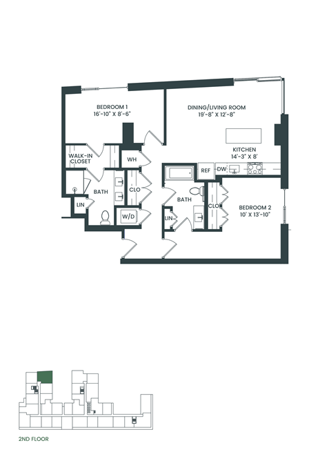 Floor plan for 2 beds, 2 baths, 1100 sqft