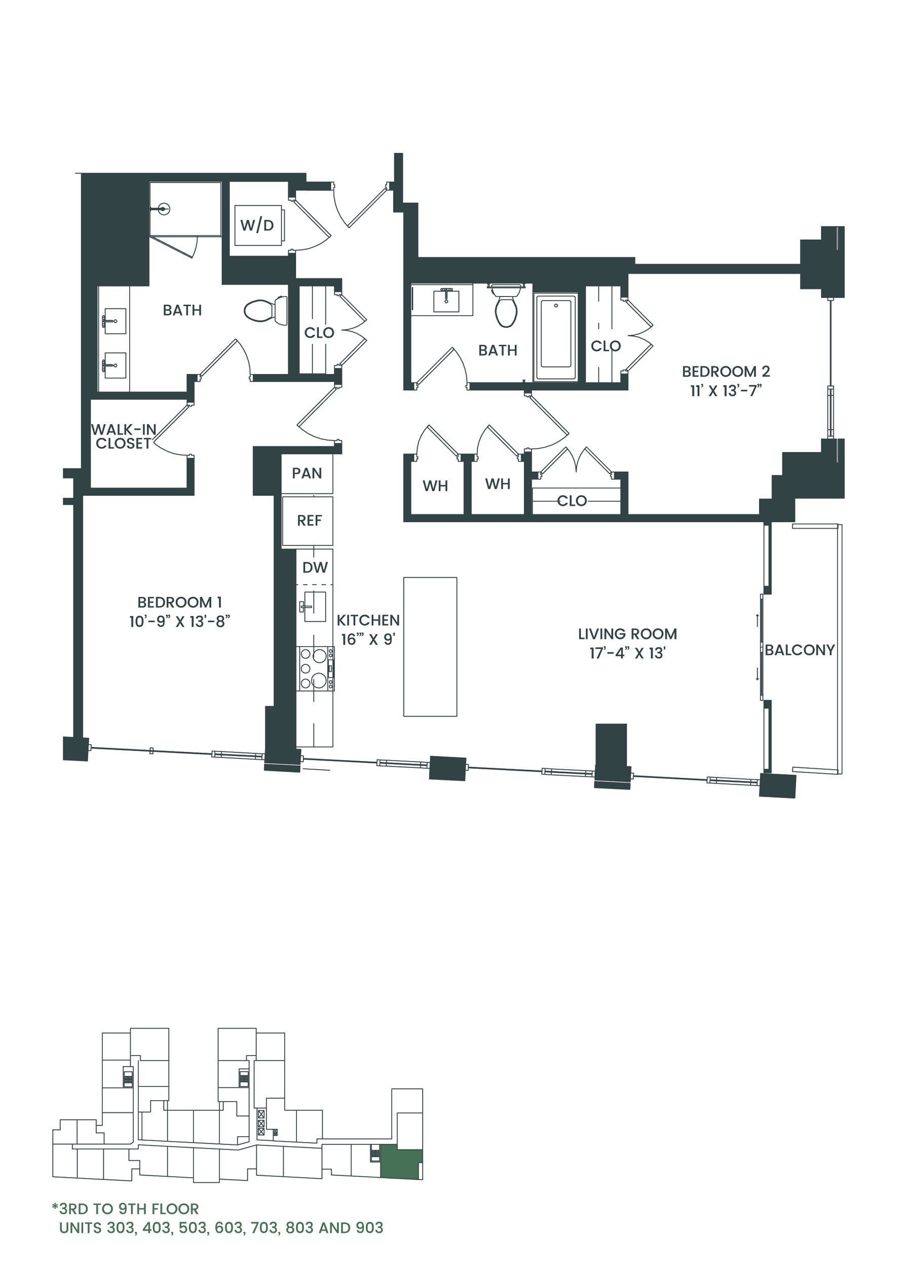 Floor plan for 2 beds, 2 baths, 1235 sqft